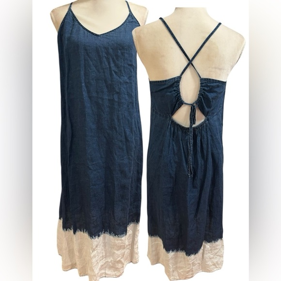 Bella Dahl Blue Denim looking Linen spaghetti strap midi dress | linen sundress - Picture 1 of 8